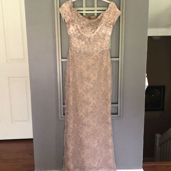 Badgley Mischka beige beaded, black tie, mother of the bride evening gown off th - Picture 1 of 12